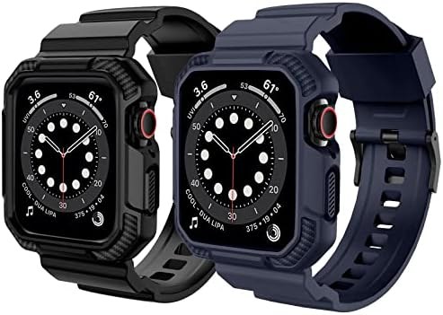 OROBAY Band with Case for Apple Watch 45mm 44mm 42mm, 2-Pack, Black + midnight blue
