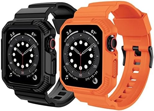 OROBAY Band with Case for Apple Watch 45mm 44mm 42mm, 2-Pack, Black + orange