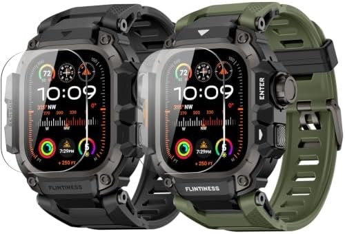OROBAY Rugged Metal Case Band for Apple Watch Ultra, 2-Pack, Black + army green