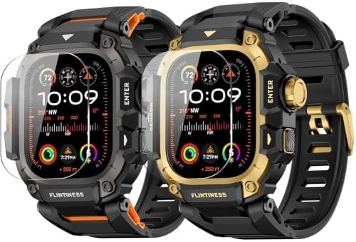OROBAY Rugged Metal Case Band for Apple Watch Ultra, 2-Pack, Black orange trim + gold