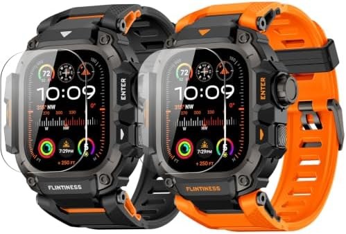 OROBAY Rugged Metal Case Band for Apple Watch Ultra, 2-Pack, Black orange trim + orange