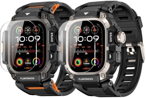 OROBAY Rugged Metal Case Band for Apple Watch Ultra, 2-Pack, Black orange trim + silver