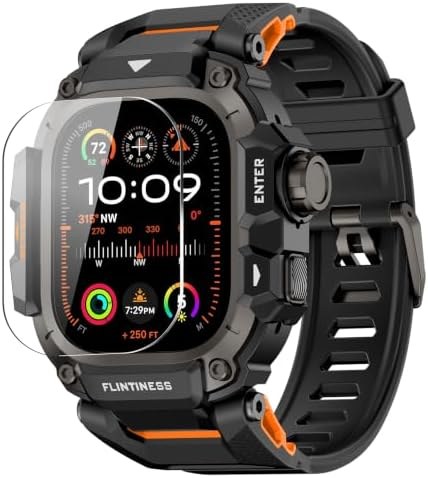 OROBAY Rugged Metal Case Band for Apple Watch Ultra 49mm, Black, orange trim